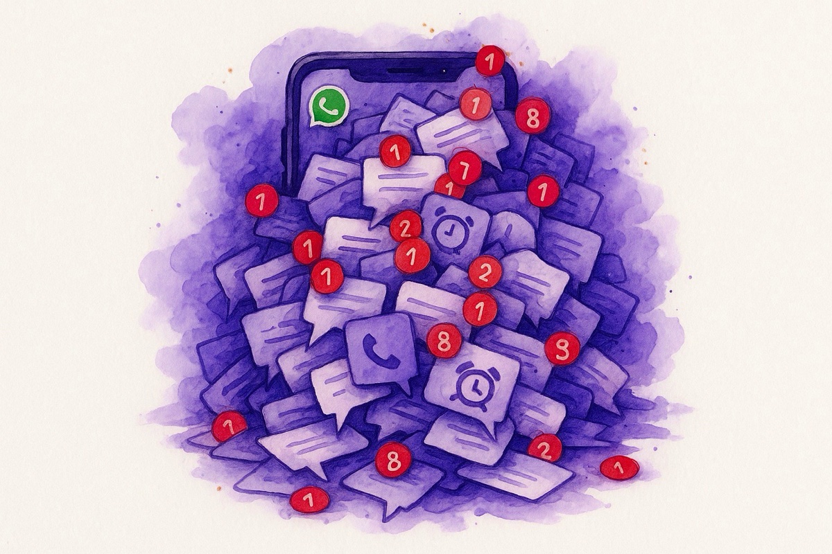 A smartphone overwhelmed by a messy pile of unread WhatsApp messages and notifications